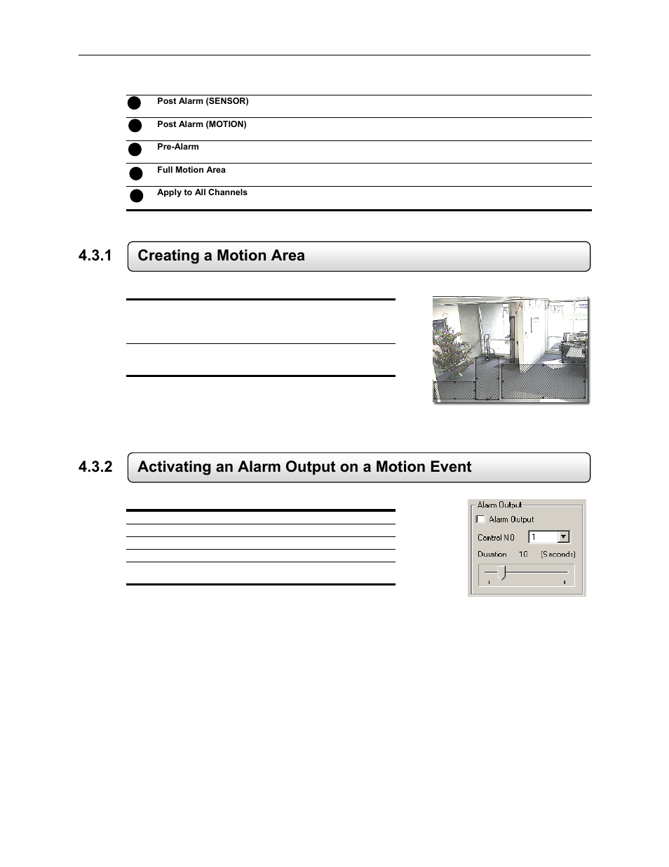 1 creating a motion area, 2 activating an alarm output on a motion event, Creating a motion area | Enabling alarm output on a motion event | Toshiba EVR64-X User Manual | Page 51 / 147
