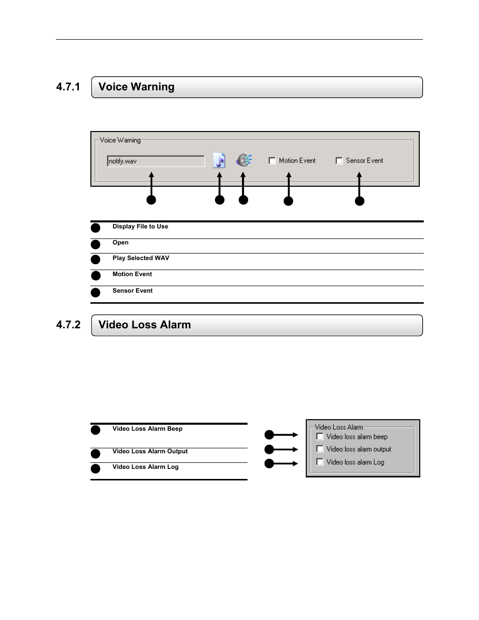 1 voice warning, 2 video loss alarm | Toshiba EVR64-X User Manual | Page 61 / 147