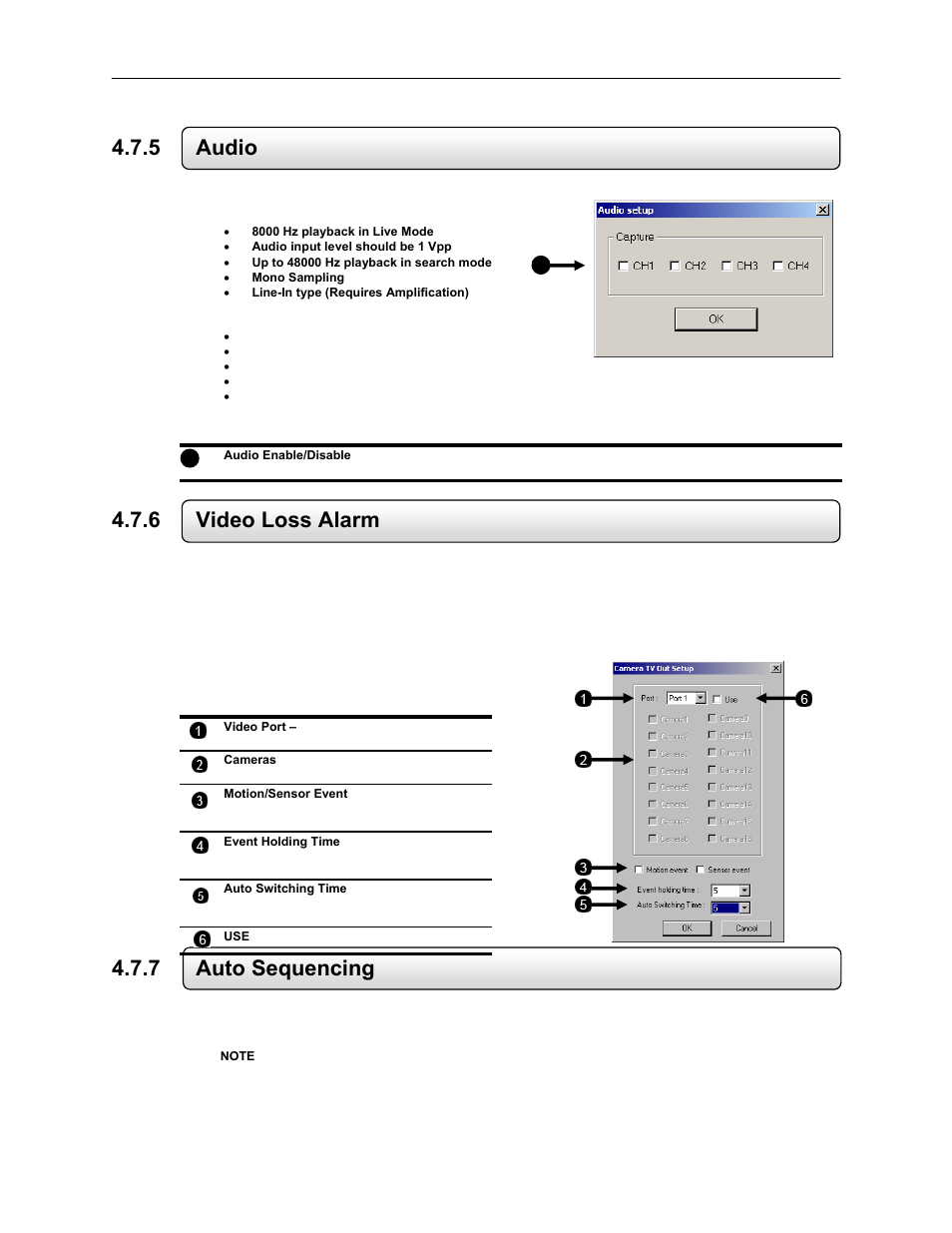 5 audio, 6 video loss alarm, 7 auto sequencing | Toshiba EVR64-X User Manual | Page 63 / 147