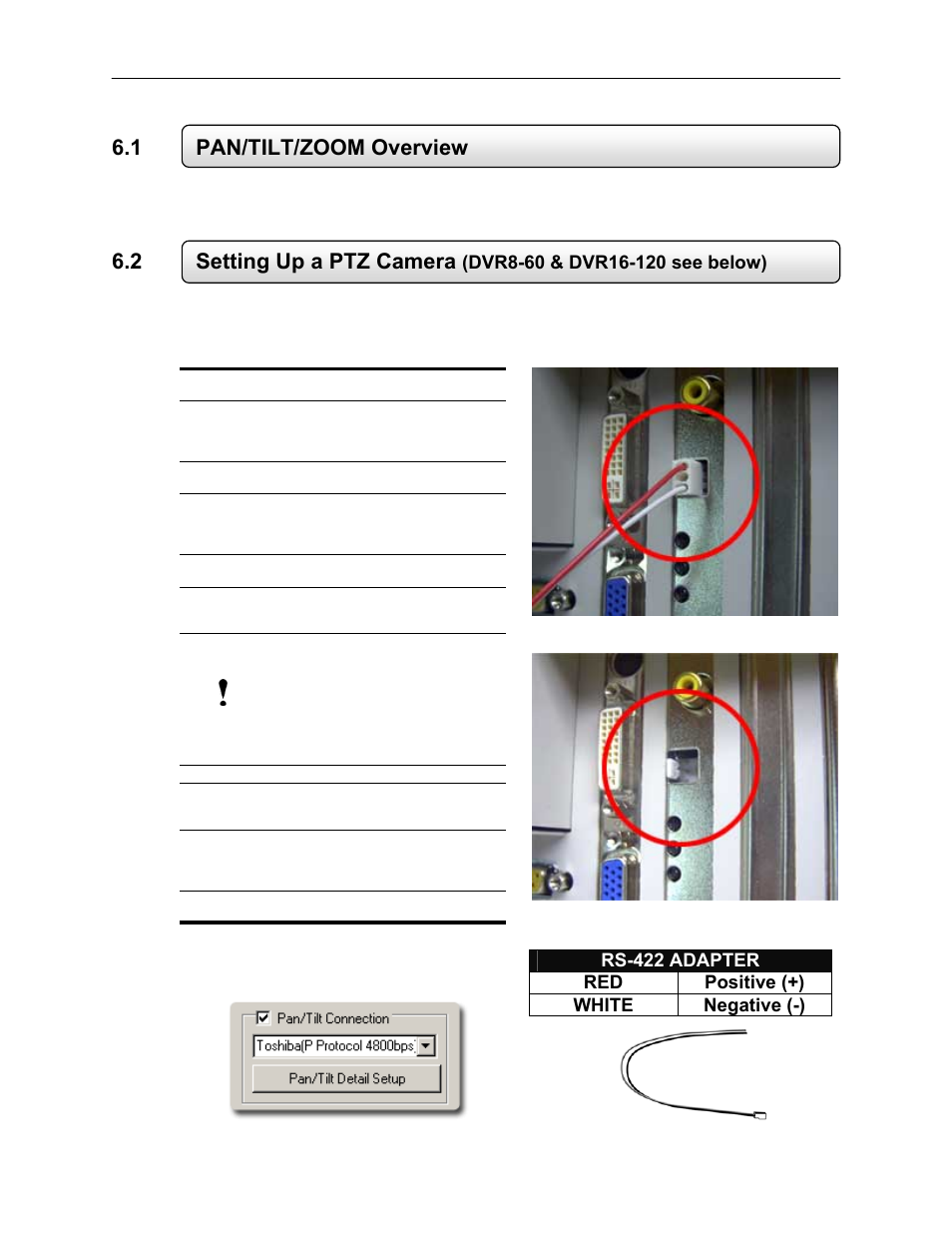 1 pan/tilt/zoom overview, 2 setting up a ptz camera, Setting up a ptz camera | Rs-422 adapter red positive (+) white negative (-) | Toshiba EVR64-X User Manual | Page 91 / 147