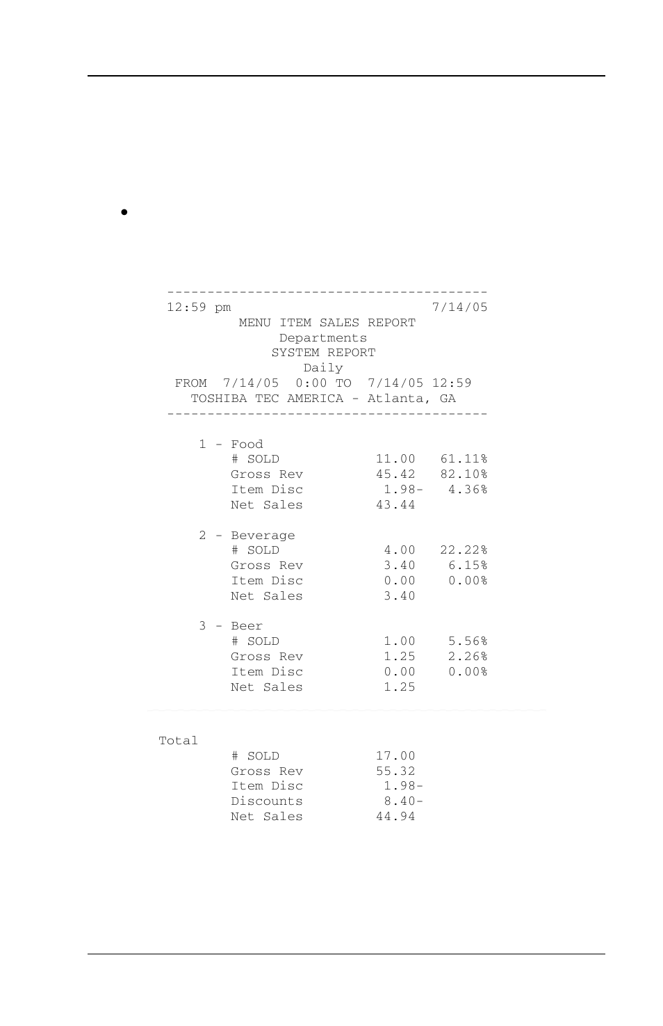 2 departments – menu item sales, Departments – menu item sales -13 | Toshiba FS-3700 Series User Manual | Page 127 / 150