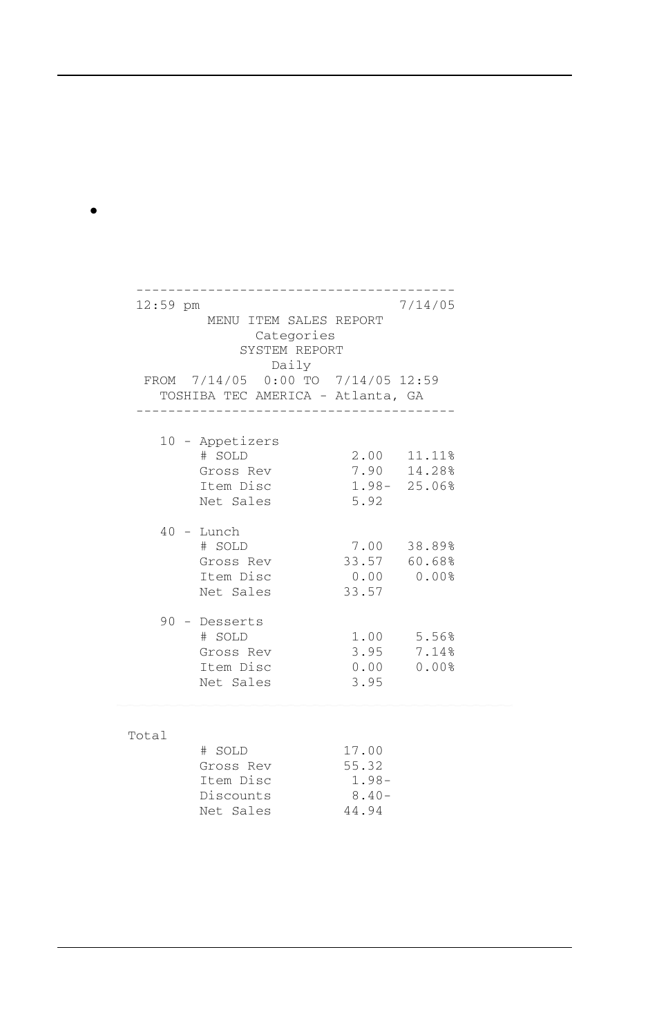 3 categories – menu item sales, Categories – menu item sales -14 | Toshiba FS-3700 Series User Manual | Page 128 / 150