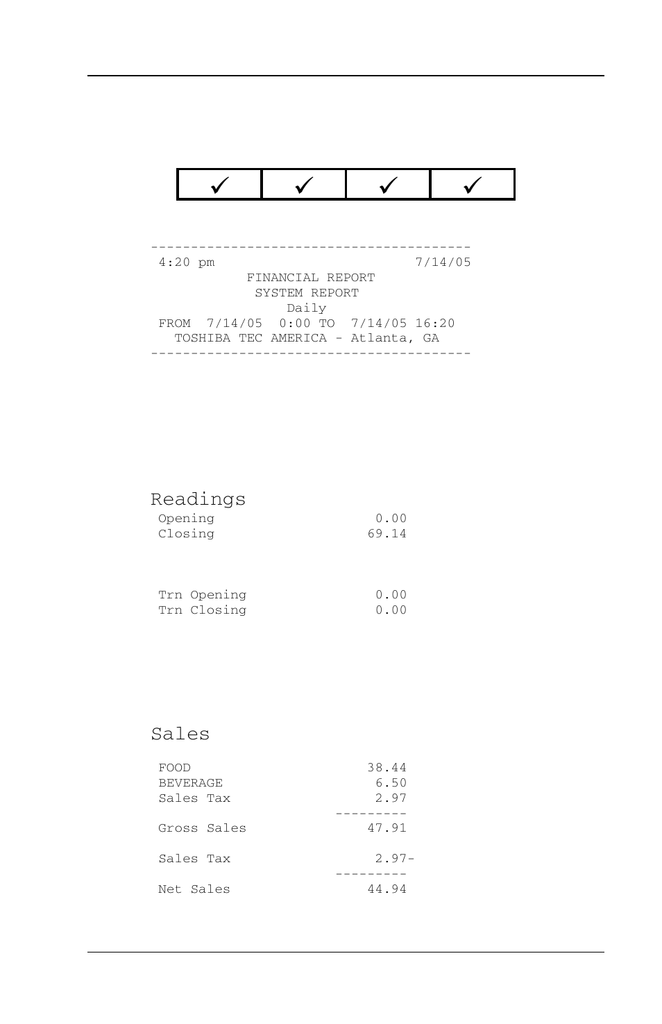 7 financial report, Financial report -17, Readings | Sales | Toshiba FS-3700 Series User Manual | Page 131 / 150