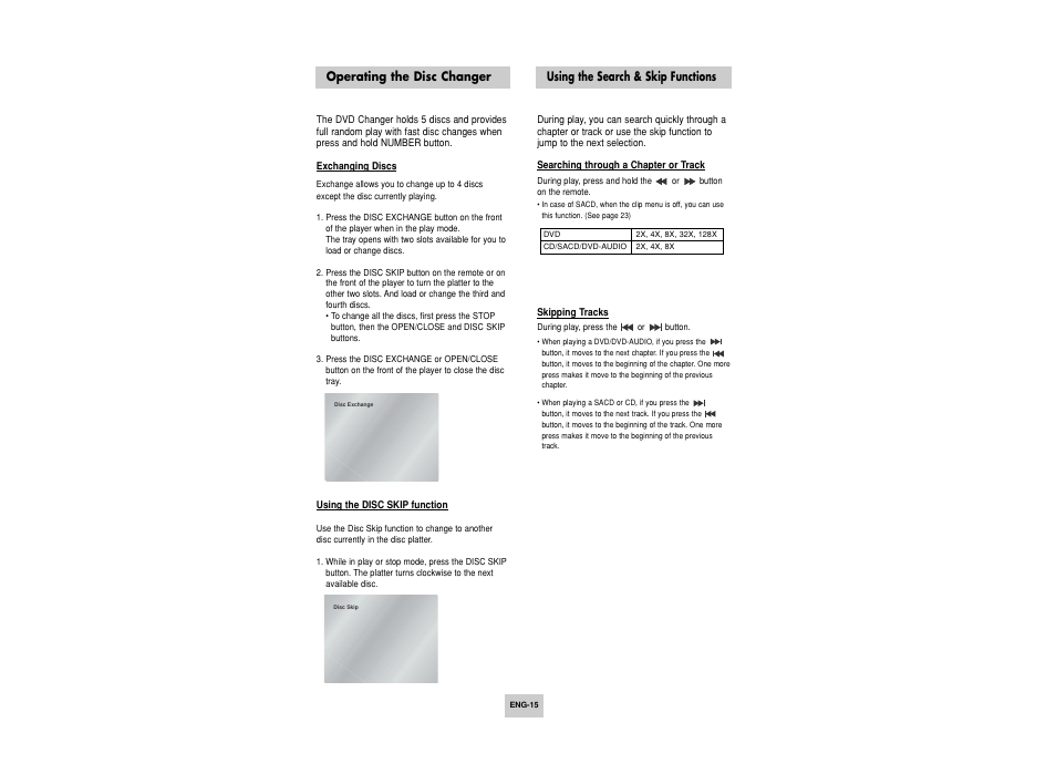 Operating the disc changer, Search & skip functions | Toshiba SD-6915SU User Manual | Page 15 / 49