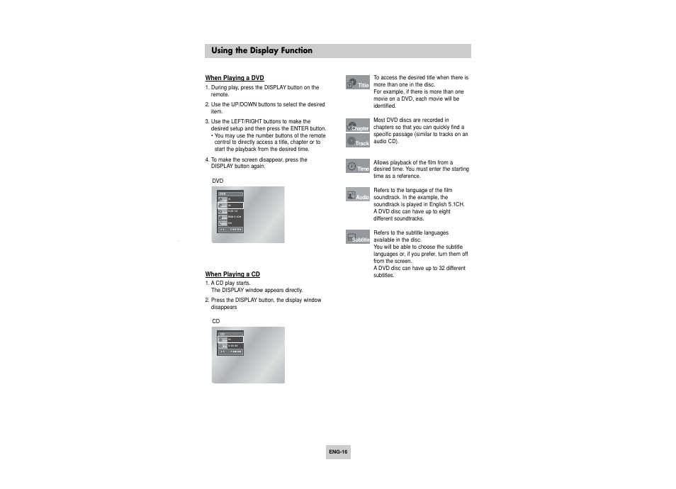 Display function, Using the display function | Toshiba SD-6915SU User Manual | Page 16 / 49