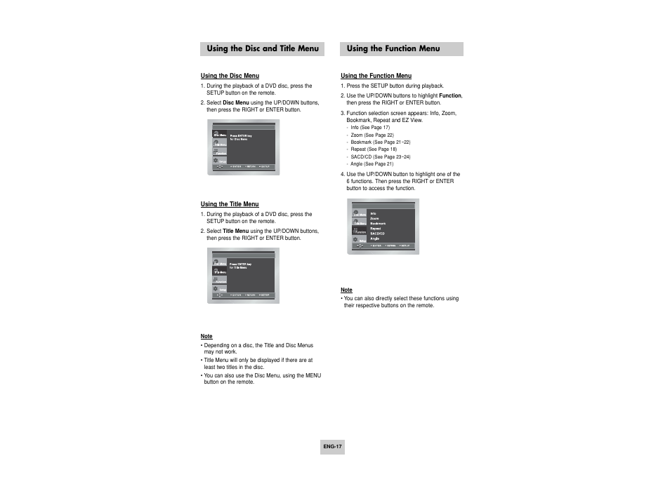 Disc and title menu, Function menu | Toshiba SD-6915SU User Manual | Page 17 / 49