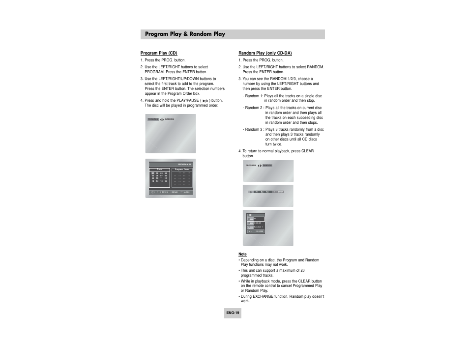 Program & random play, Clear, Program play & random play | Toshiba SD-6915SU User Manual | Page 19 / 49