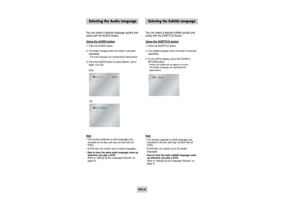 Advanced operation, Audio language, Subtitle language | Selecting the audio language, Selecting the subtitle language | Toshiba SD-6915SU User Manual | Page 20 / 49