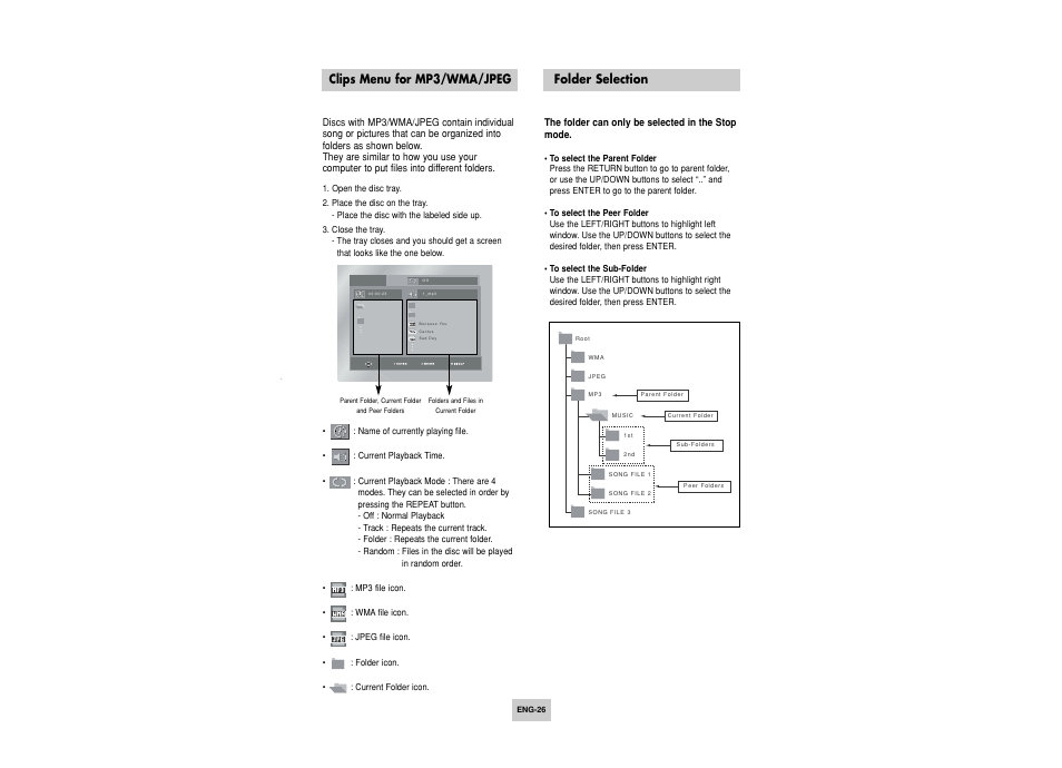 Clips menu for mp3 / wma / jpeg, Folder selection, Clips menu for mp3/wma/jpeg folder selection | Toshiba SD-6915SU User Manual | Page 26 / 49