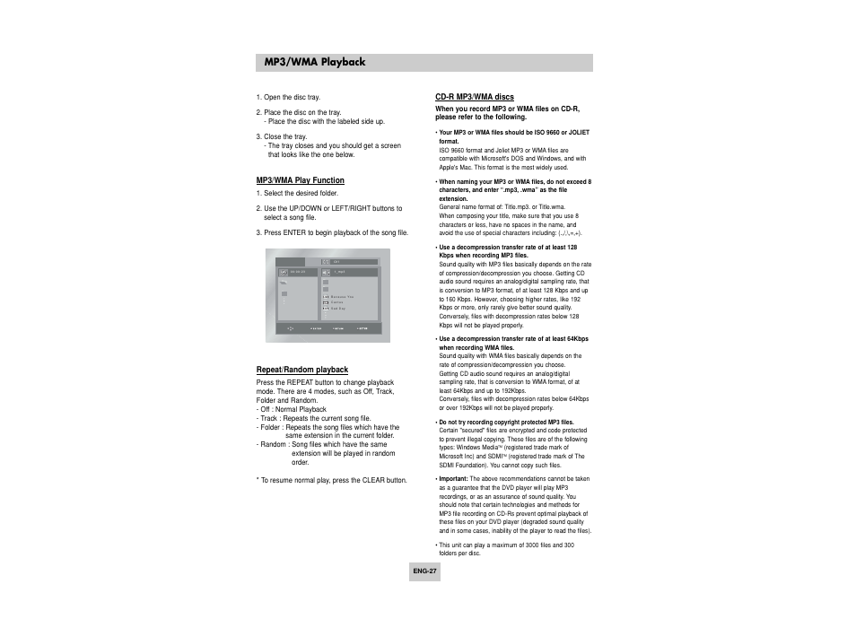 Mp3 / wma playback, Mp3/wma playback | Toshiba SD-6915SU User Manual | Page 27 / 49