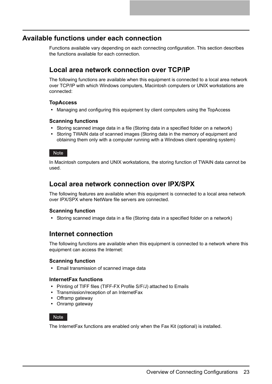 Available functions under each connection, Local area network connection over tcp/ip, Local area network connection over ipx/spx | Internet connection | Toshiba GA-1200 User Manual | Page 25 / 42