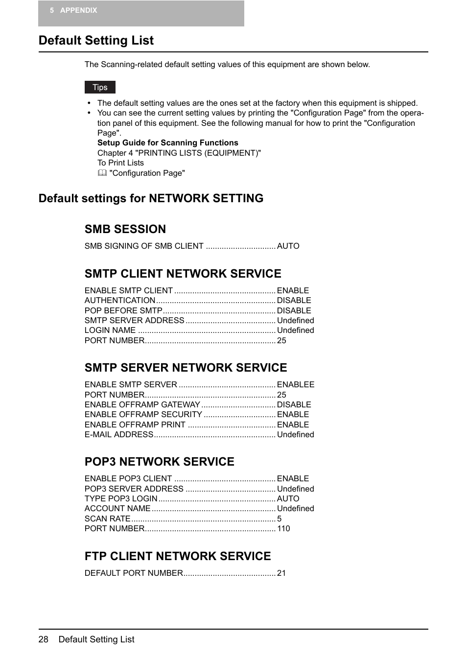 Default setting list, Default settings for network setting, Default settings for network setting smb session | Smtp client network service, Smtp server network service, Pop3 network service, Ftp client network service | Toshiba GA-1200 User Manual | Page 30 / 42