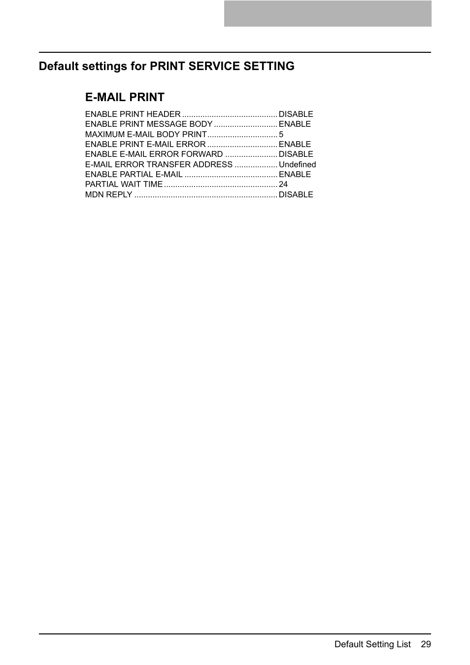 Default settings for print service setting | Toshiba GA-1200 User Manual | Page 31 / 42