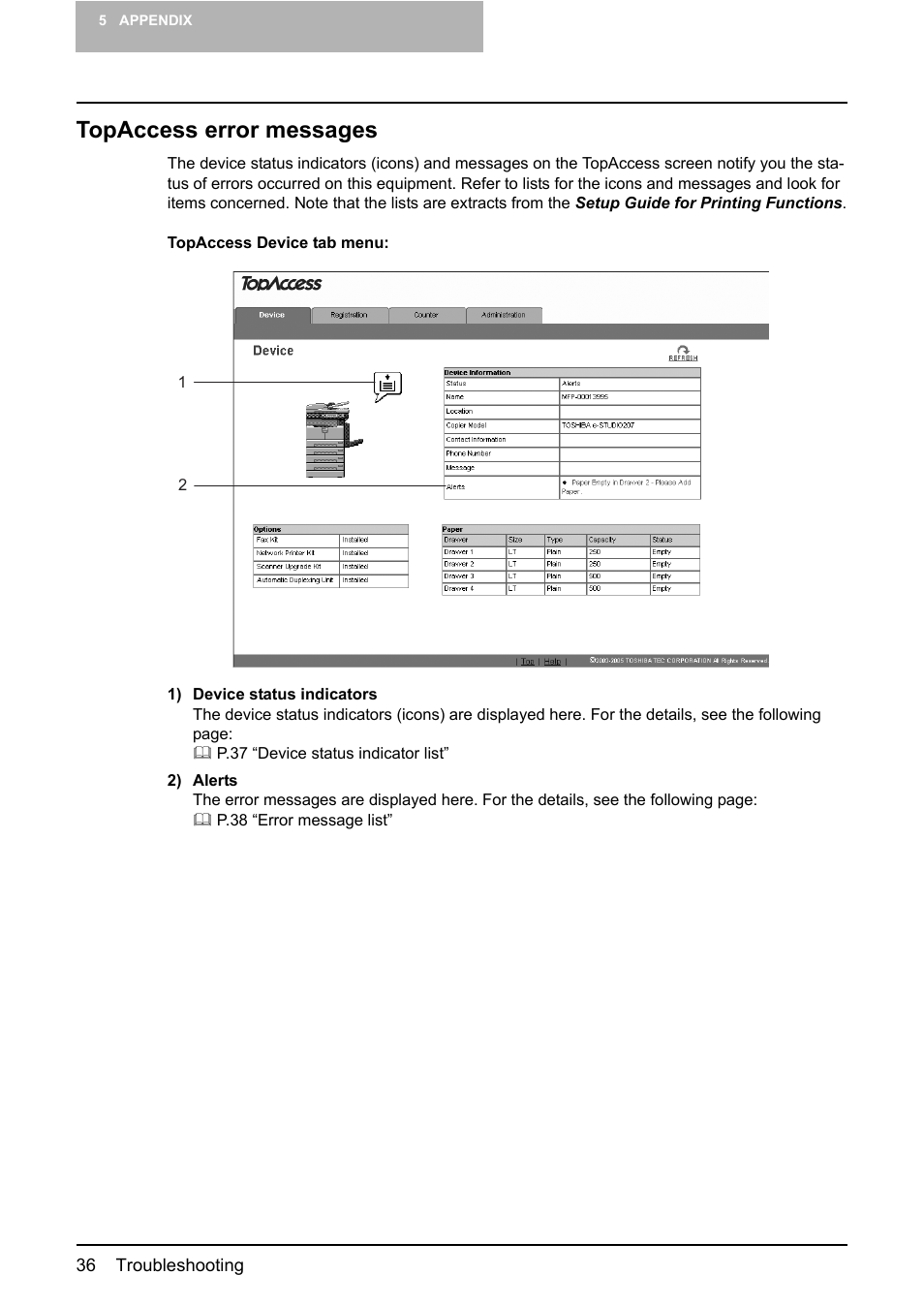 Topaccess error messages | Toshiba GA-1200 User Manual | Page 38 / 42