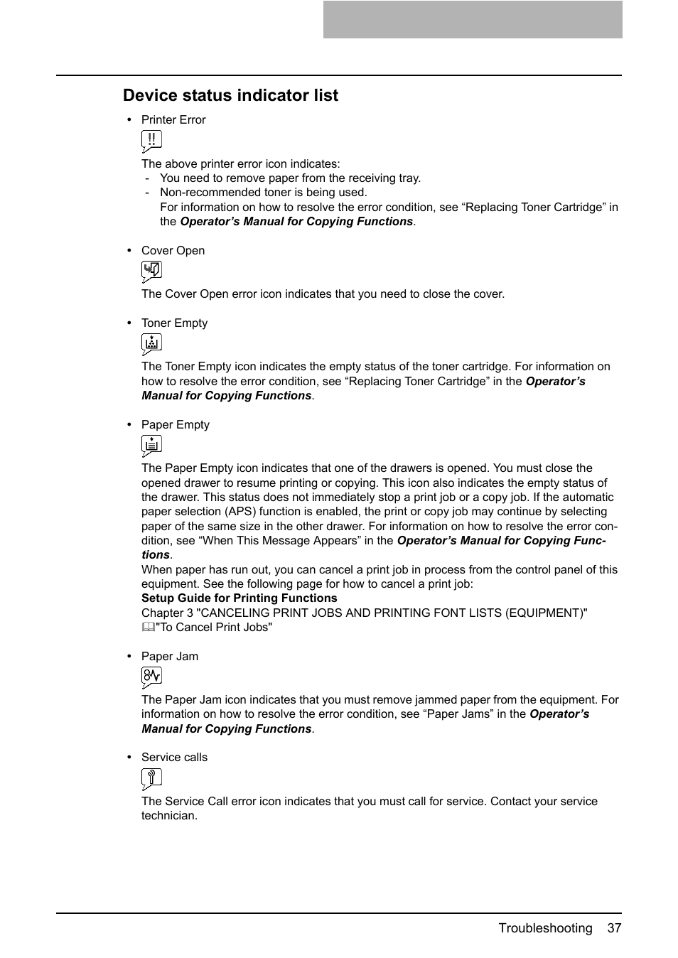 P.37 “device status indicator list, Device status indicator list | Toshiba GA-1200 User Manual | Page 39 / 42