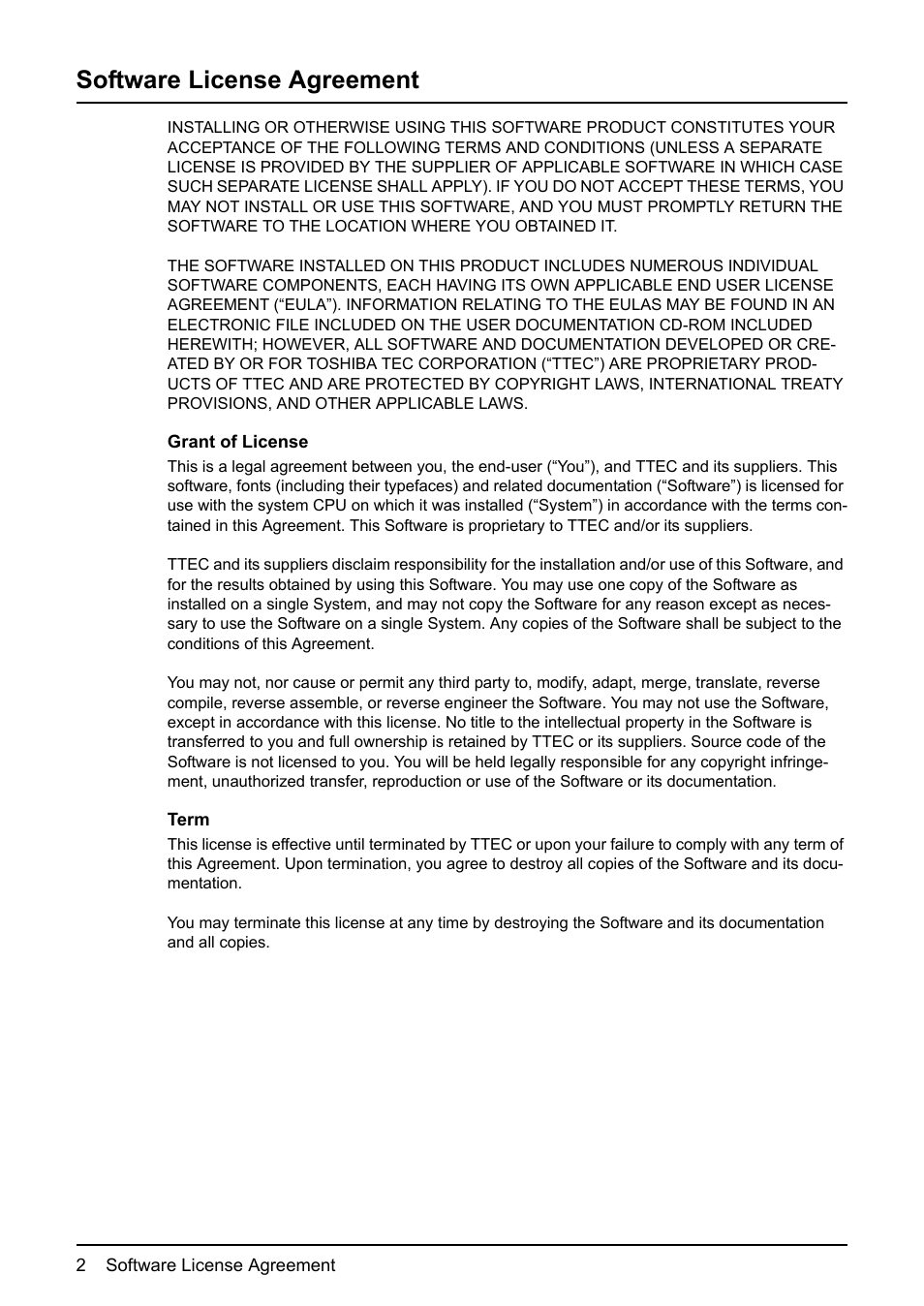 Software license agreement | Toshiba GA-1200 User Manual | Page 4 / 42