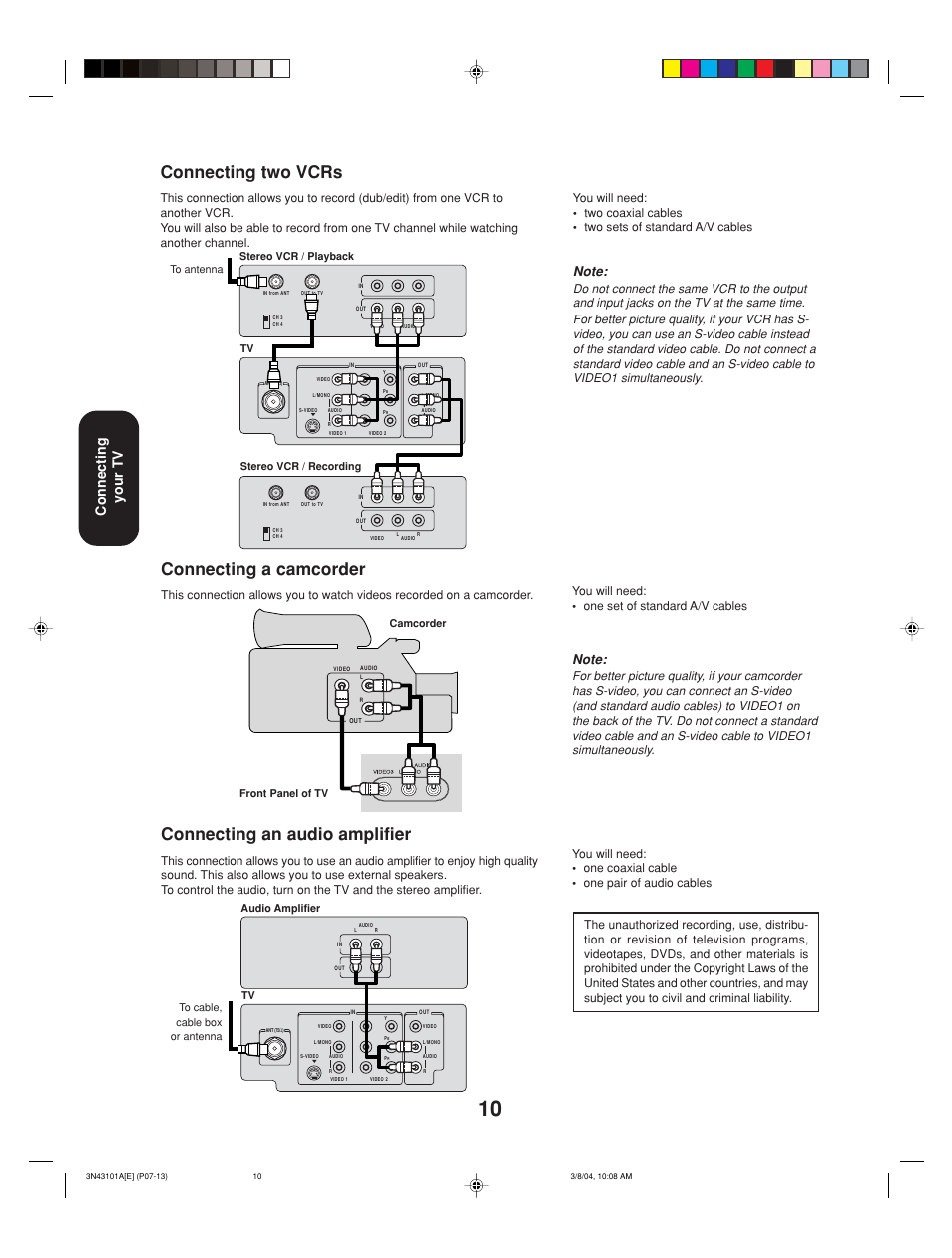Connecting two vcrs, Connecting a camcorder, Connecting an audio amplifier | Connecting your tv | Toshiba 27A14 User Manual | Page 10 / 32