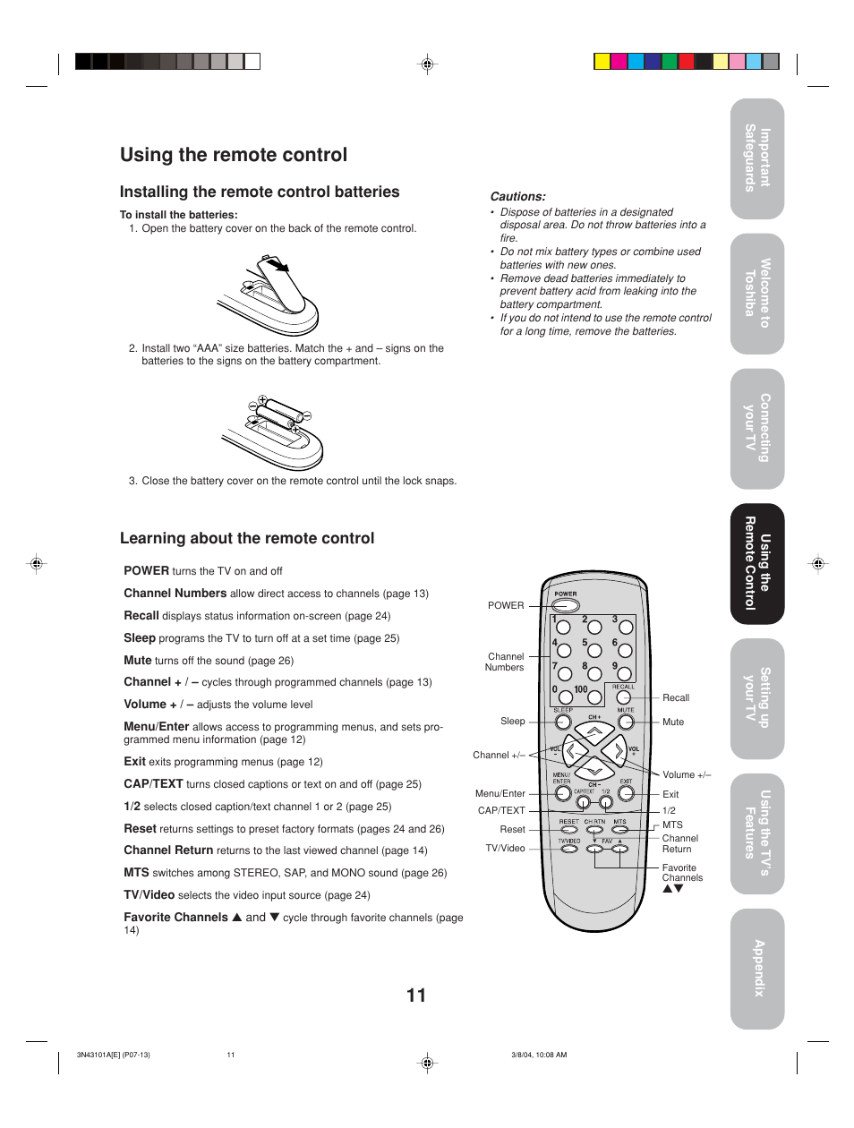 Using the remote control, Installing the remote control batteries, Learning about the remote control | Toshiba 27A14 User Manual | Page 11 / 32