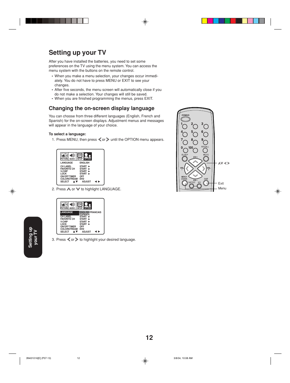 12 setting up your tv, Changing the on-screen display language, Setting up your tv | Toshiba 27A14 User Manual | Page 12 / 32