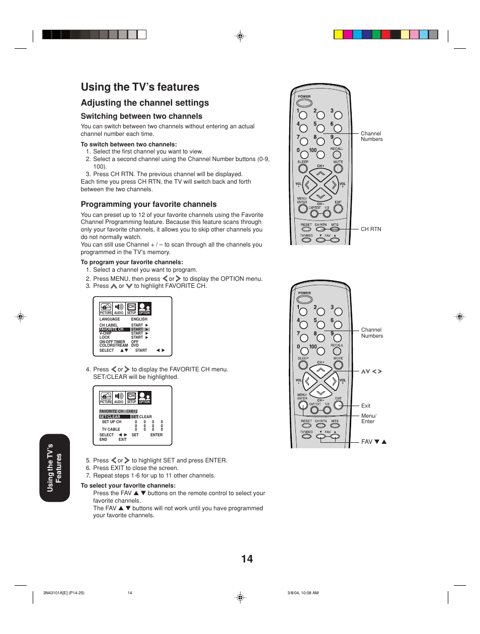 14 using the tv’s features, Adjusting the channel settings, Switching between two channels | Programming your favorite channels, Using the tv’ s features | Toshiba 27A14 User Manual | Page 14 / 32