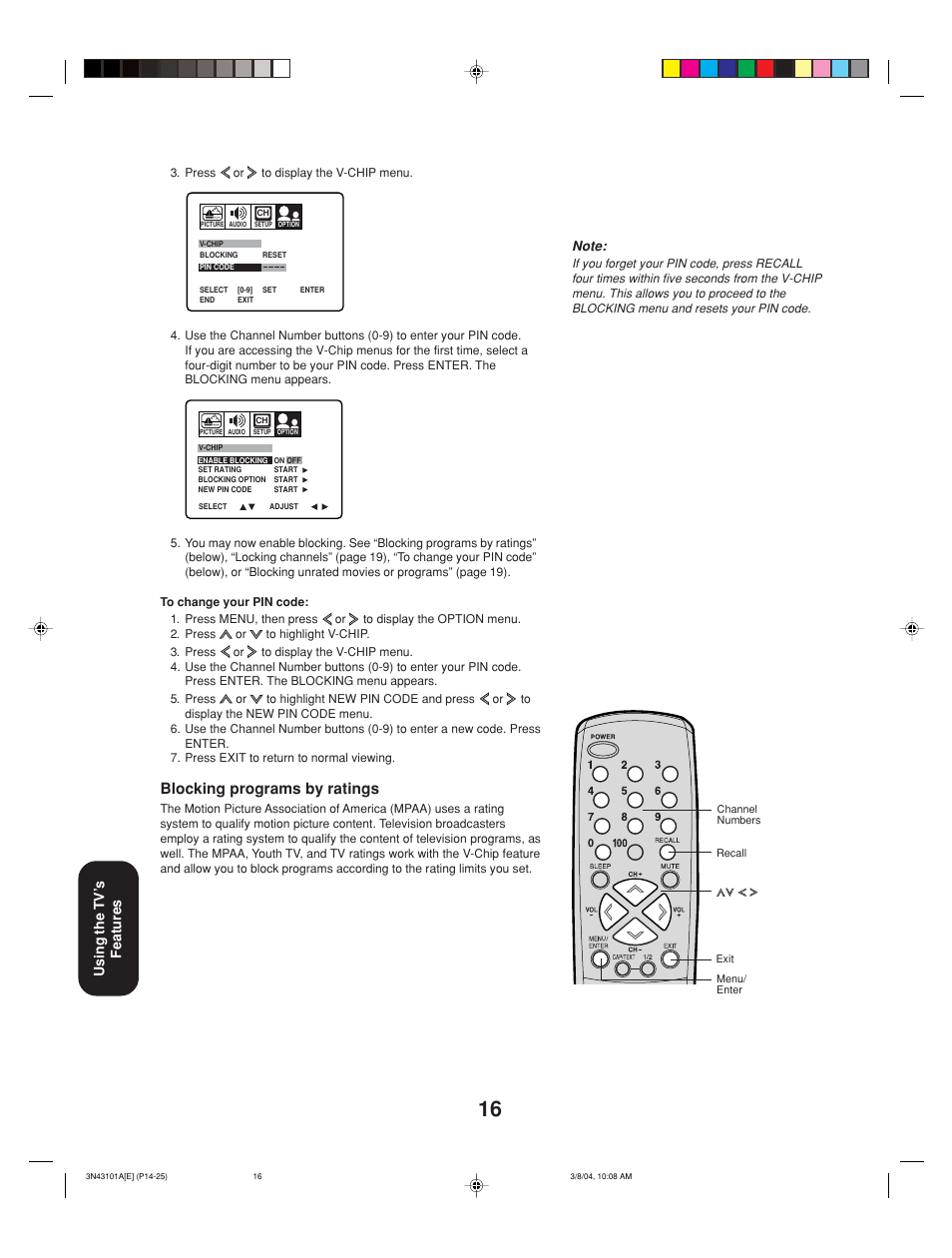 Blocking programs by ratings, Using the tv’ s features | Toshiba 27A14 User Manual | Page 16 / 32