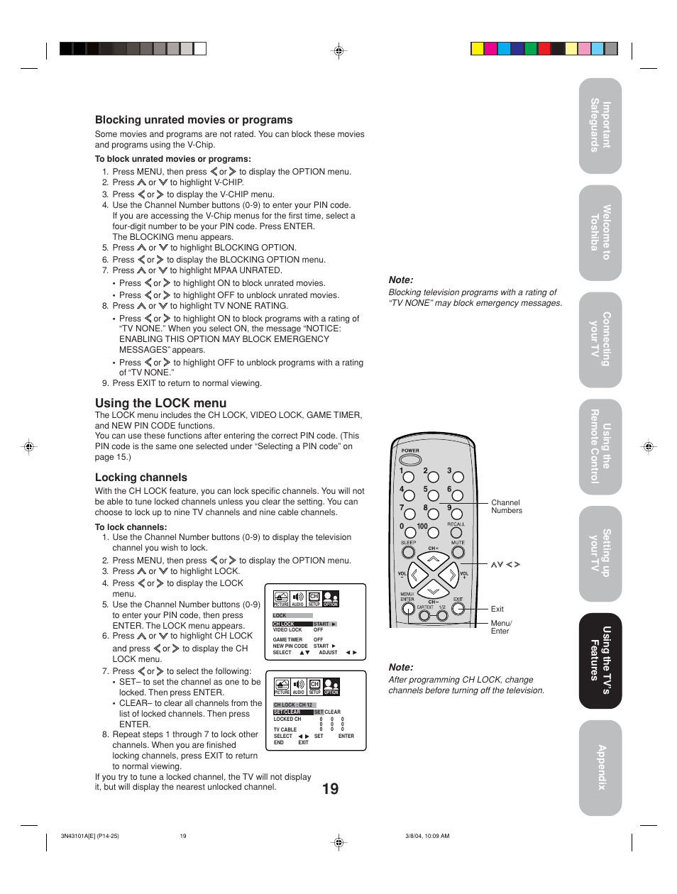 Using the lock menu, Blocking unrated movies or programs, Locking channels | Toshiba 27A14 User Manual | Page 19 / 32