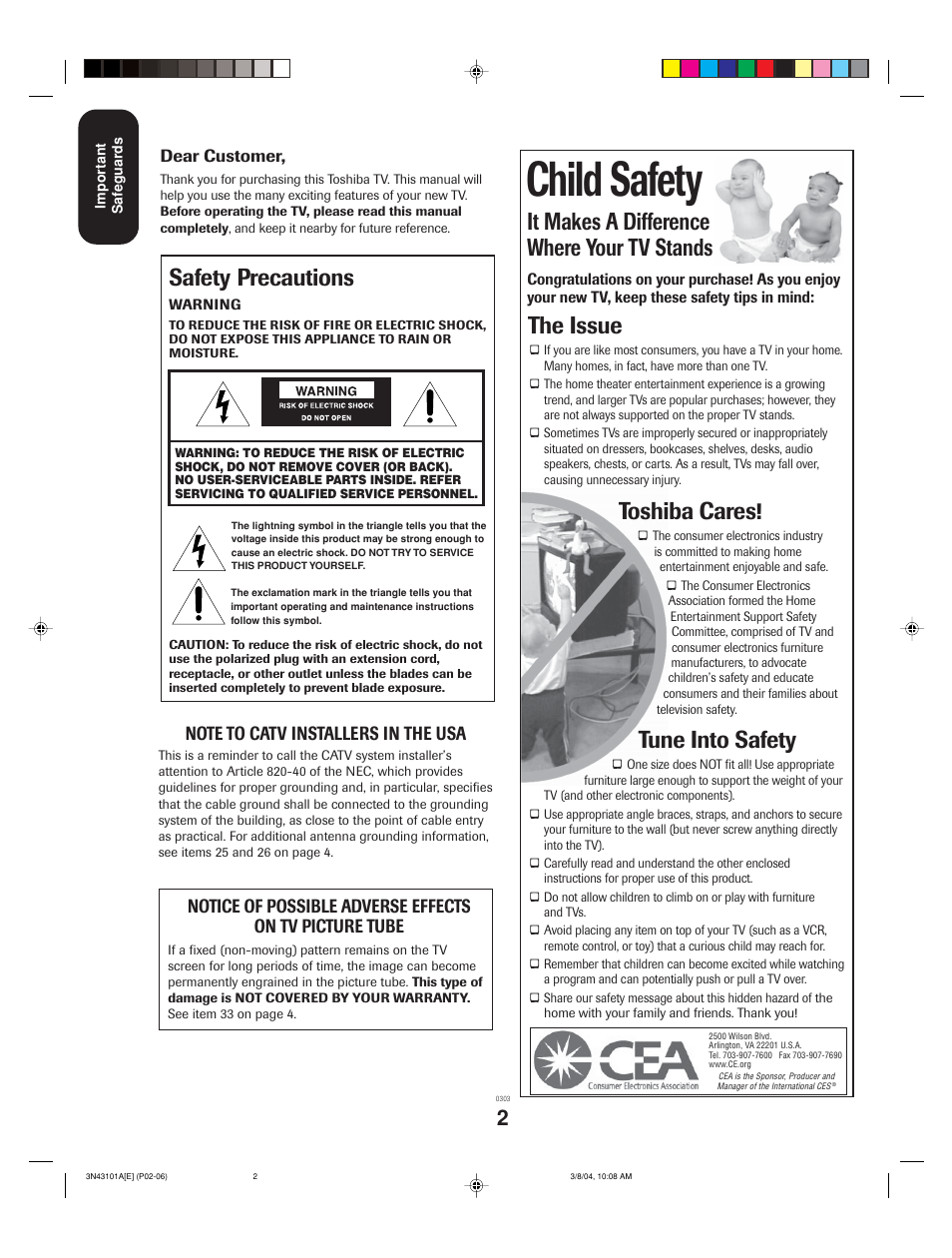 Child safety, Safety precautions, It makes a difference where your tv stands | The issue, Toshiba cares, Tune into safety | Toshiba 27A14 User Manual | Page 2 / 32