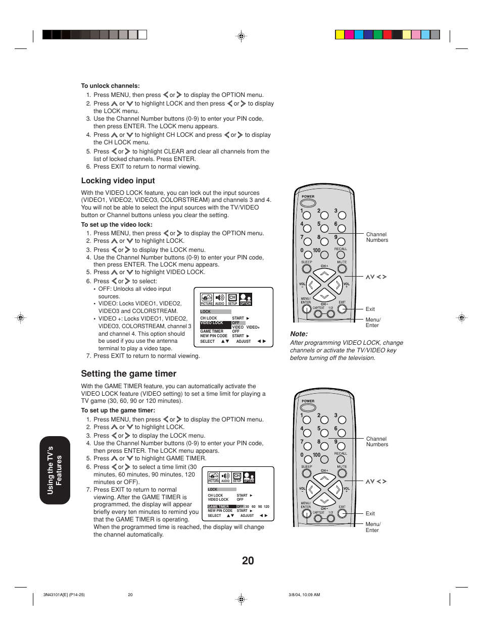 Setting the game timer, Locking video input, Using the tv’ s features | Toshiba 27A14 User Manual | Page 20 / 32