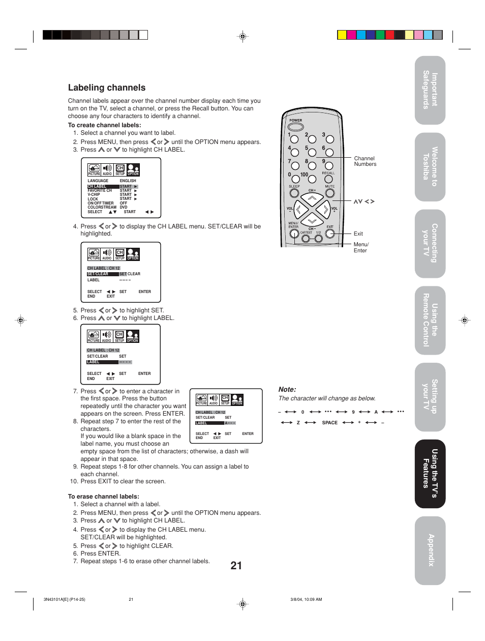 Labeling channels, Using the tv’ s features | Toshiba 27A14 User Manual | Page 21 / 32