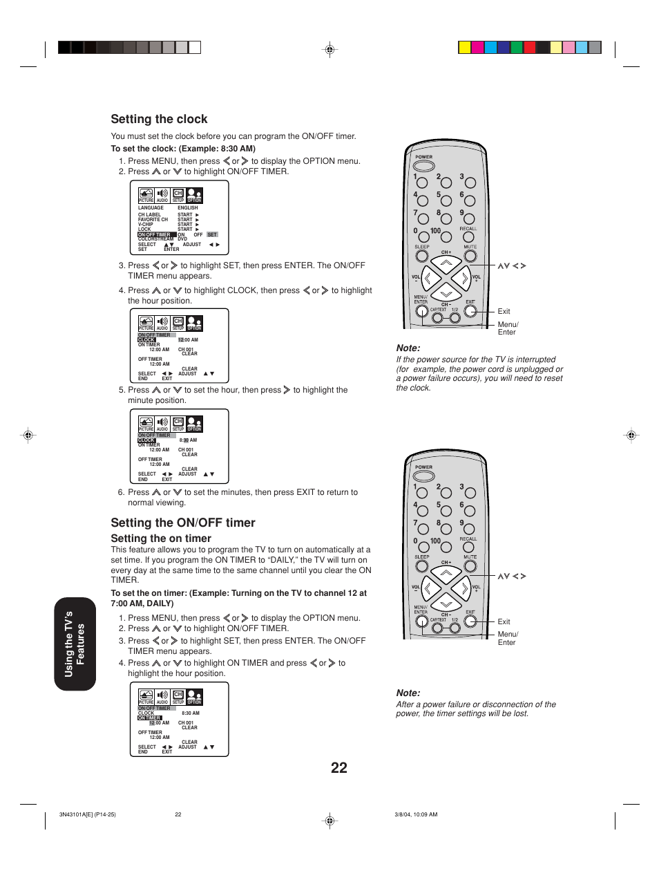 Setting the clock, Setting the on/off timer, Setting the on timer | Using the tv’ s features | Toshiba 27A14 User Manual | Page 22 / 32