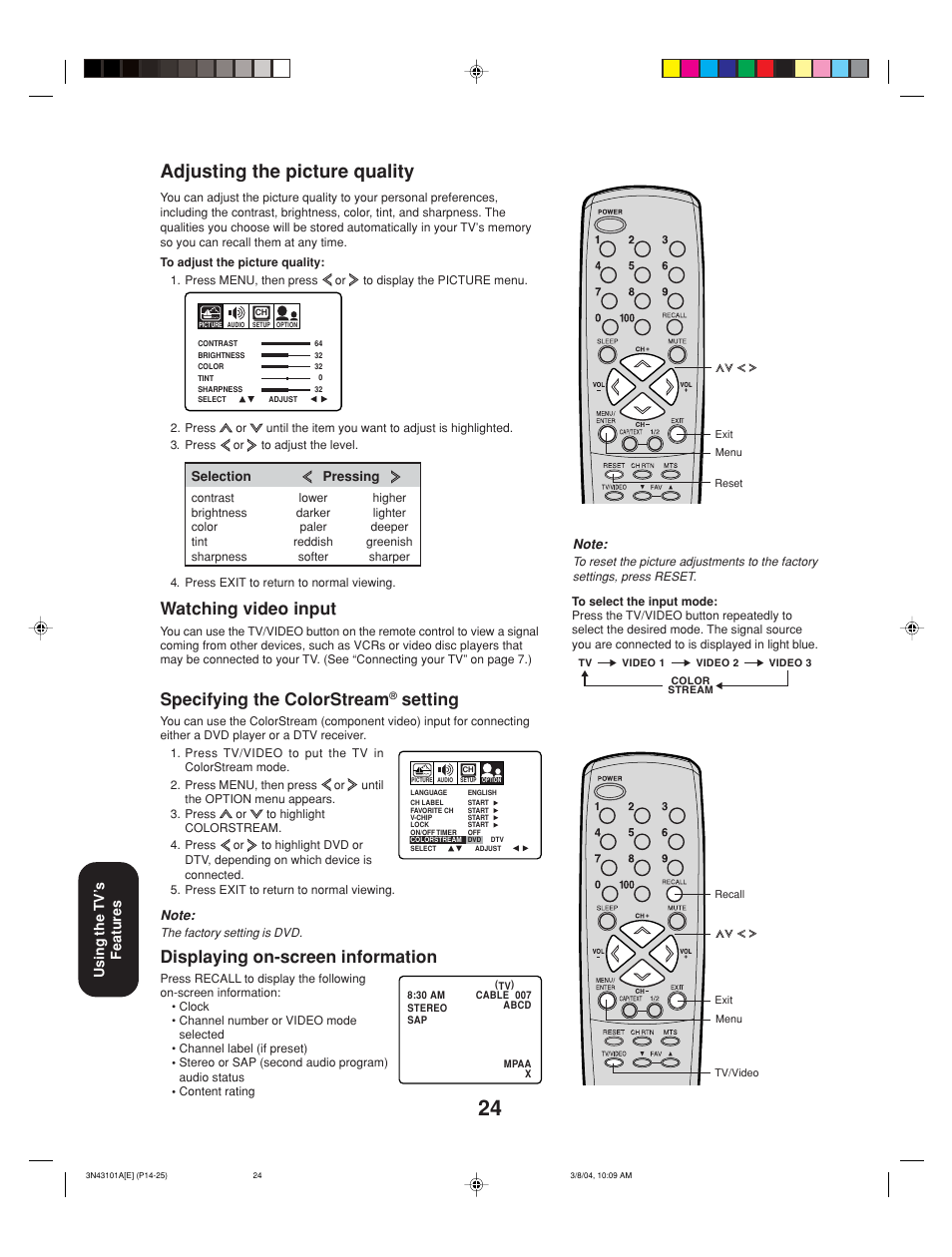 Adjusting the picture quality, Watching video input, Specifying the colorstream | Setting, Displaying on-screen information, Using the tv’ s features | Toshiba 27A14 User Manual | Page 24 / 32