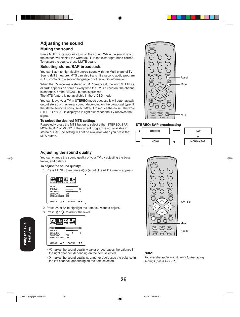 Adjusting the sound, Adjusting the sound quality, Muting the sound | Selecting stereo/sap broadcasts, Using the tv’ s features | Toshiba 27A14 User Manual | Page 26 / 32