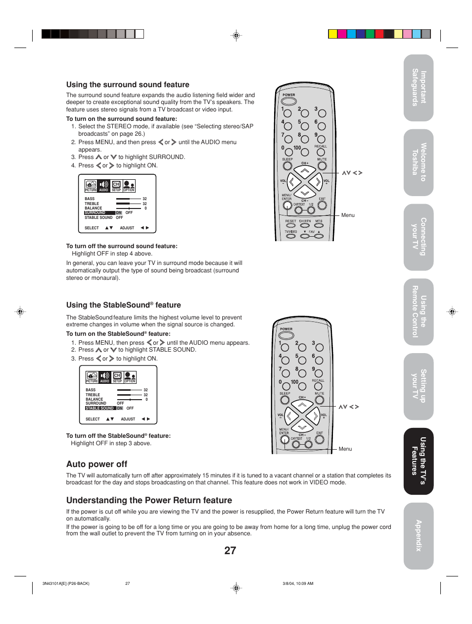 Auto power off, Understanding the power return feature, Using the surround sound feature | Using the stablesound, Feature | Toshiba 27A14 User Manual | Page 27 / 32