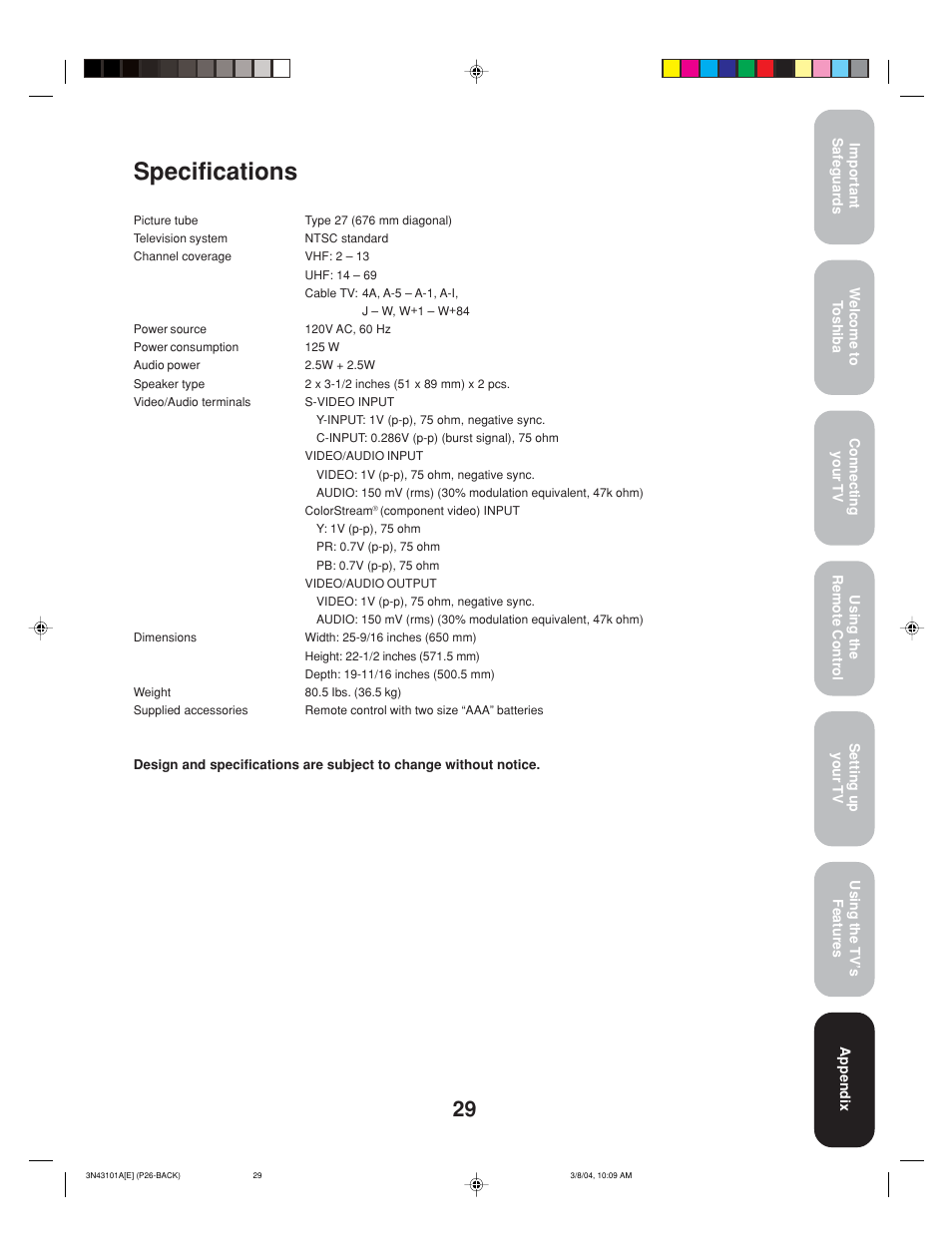 Specifications | Toshiba 27A14 User Manual | Page 29 / 32