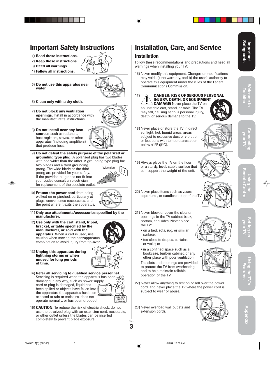 Installation, care, and service, Important safety instructions, Installation | Toshiba 27A14 User Manual | Page 3 / 32