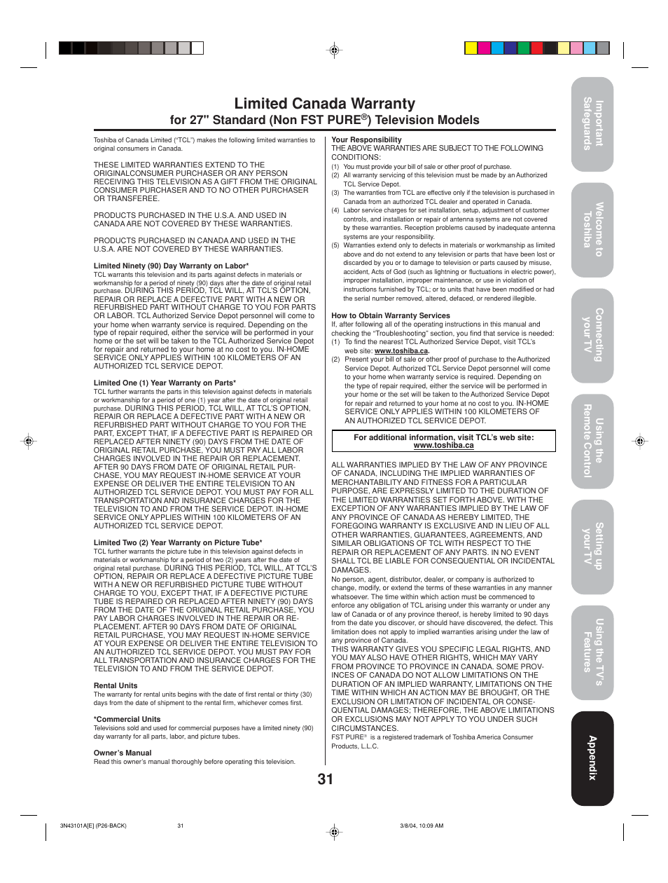 Limited canada warranty, For 27'' standard (non fst pure, Television models | Toshiba 27A14 User Manual | Page 31 / 32