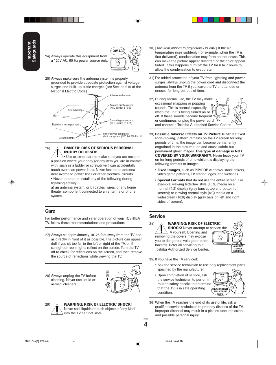 Service, Care | Toshiba 27A14 User Manual | Page 4 / 32