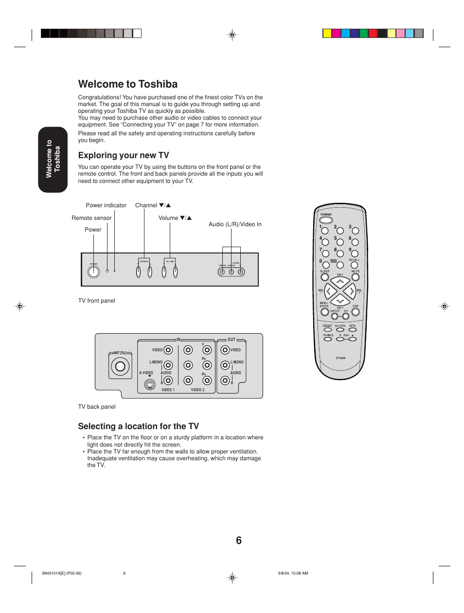 Welcome to toshiba, Selecting a location for the tv, Exploring your new tv | Toshiba 27A14 User Manual | Page 6 / 32