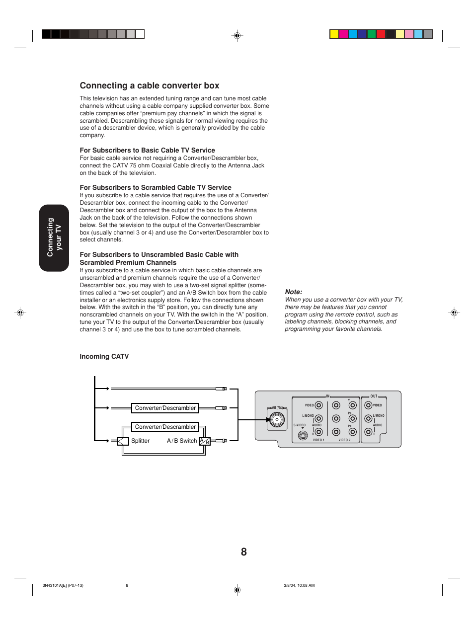 Connecting a cable converter box, Connecting your tv, For subscribers to basic cable tv service | For subscribers to scrambled cable tv service, Incoming catv | Toshiba 27A14 User Manual | Page 8 / 32