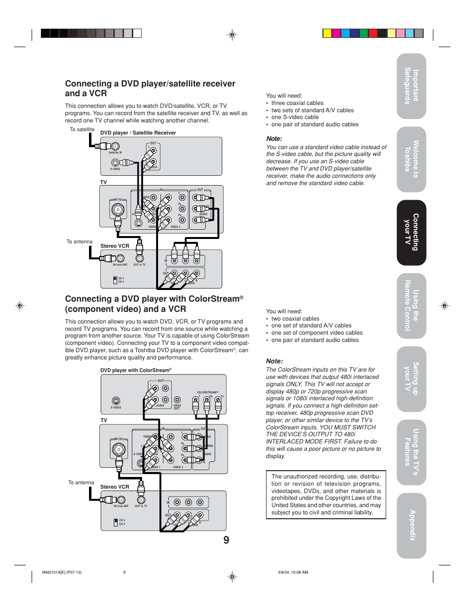 Connecting a dvd player with colorstream, Component video) and a vcr, Connecting your tv | Toshiba 27A14 User Manual | Page 9 / 32