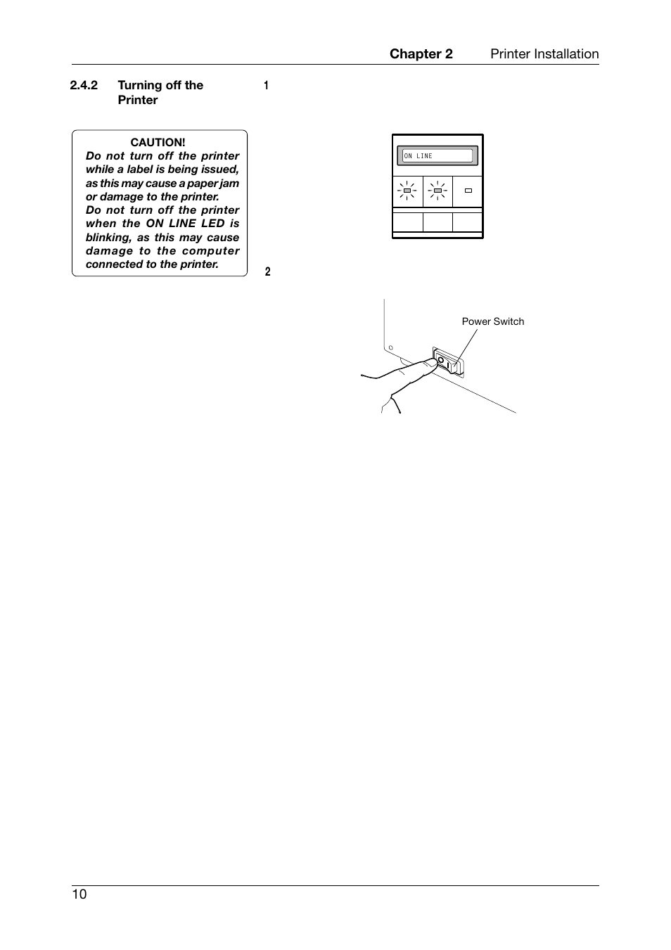 Turning off the printer, Chapter 2 printer installation 10 | Toshiba CB-416-T3-QQ User Manual | Page 18 / 122