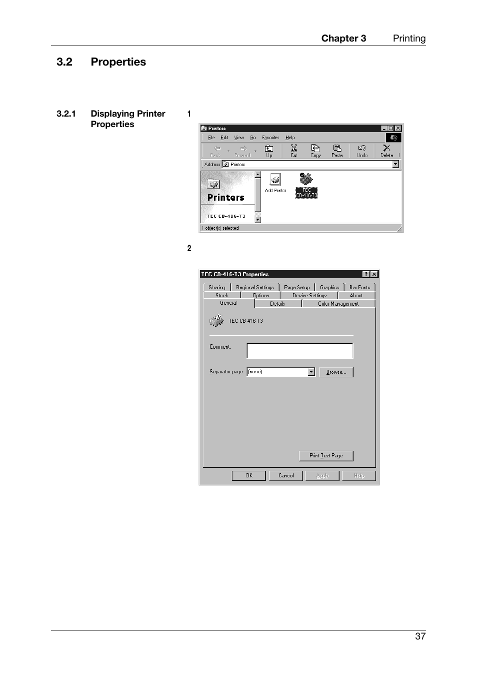 2 properties, Displaying printer properties | Toshiba CB-416-T3-QQ User Manual | Page 45 / 122