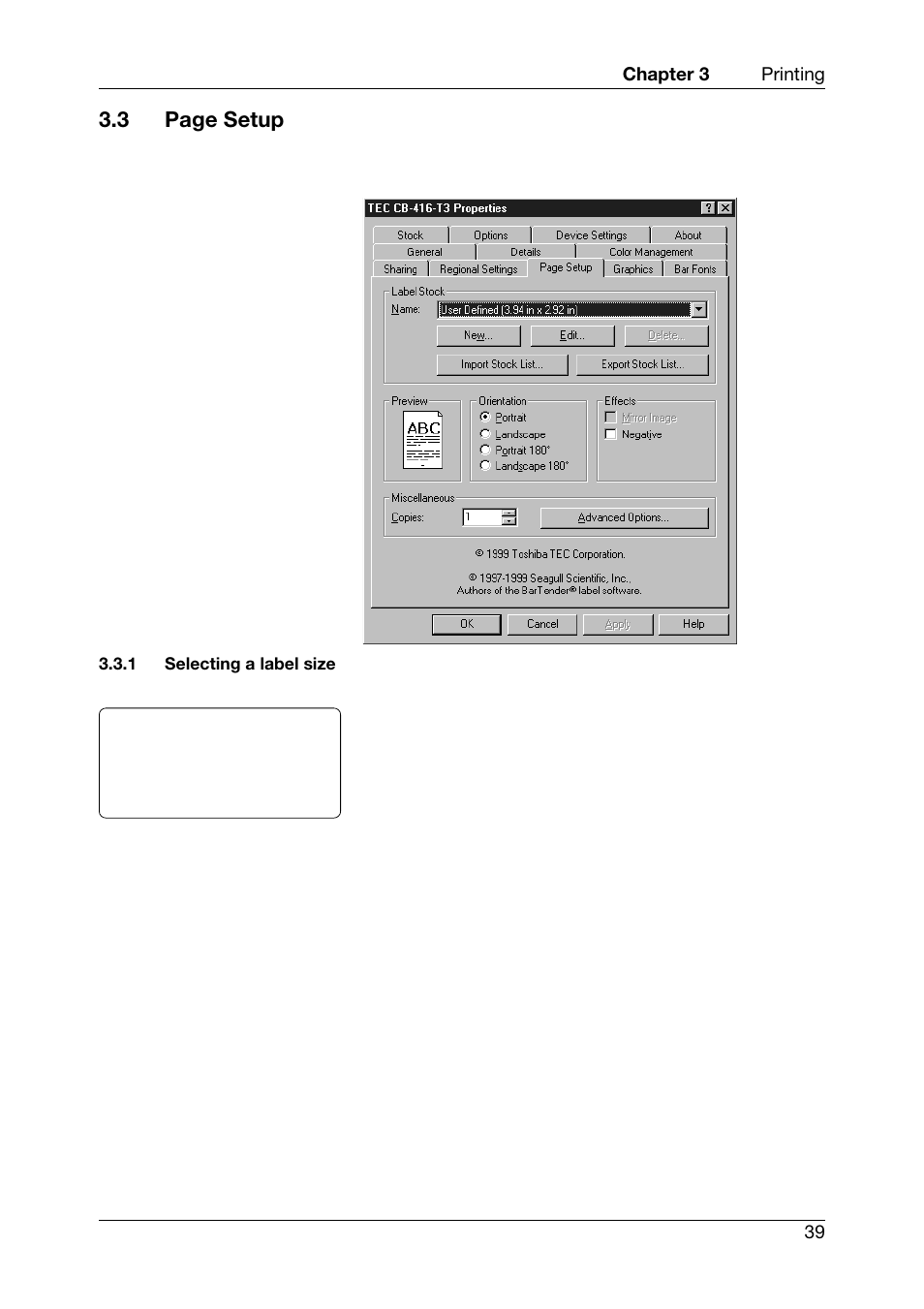 Selecting a label size, 3 page setup | Toshiba CB-416-T3-QQ User Manual | Page 47 / 122