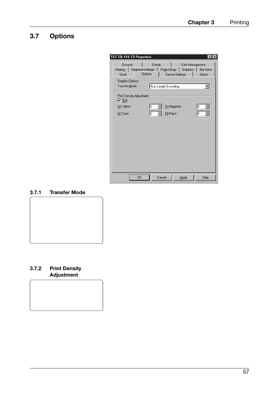 7 options, Transfer mode, Print density adjustment | Toshiba CB-416-T3-QQ User Manual | Page 65 / 122