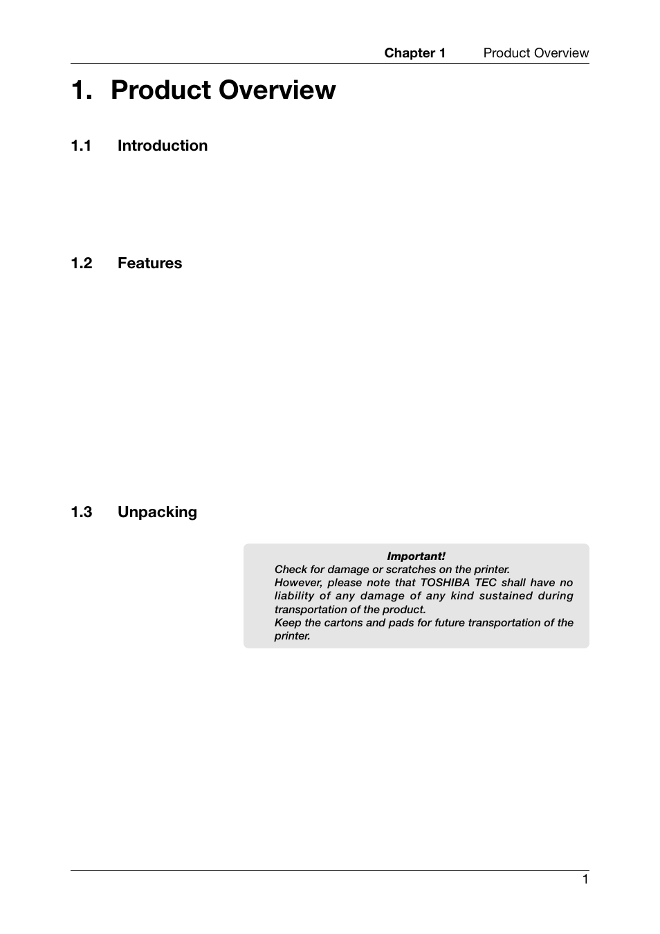 Product overview, 1 introduction 1.2 features 1.3 unpacking | Toshiba CB-416-T3-QQ User Manual | Page 9 / 122