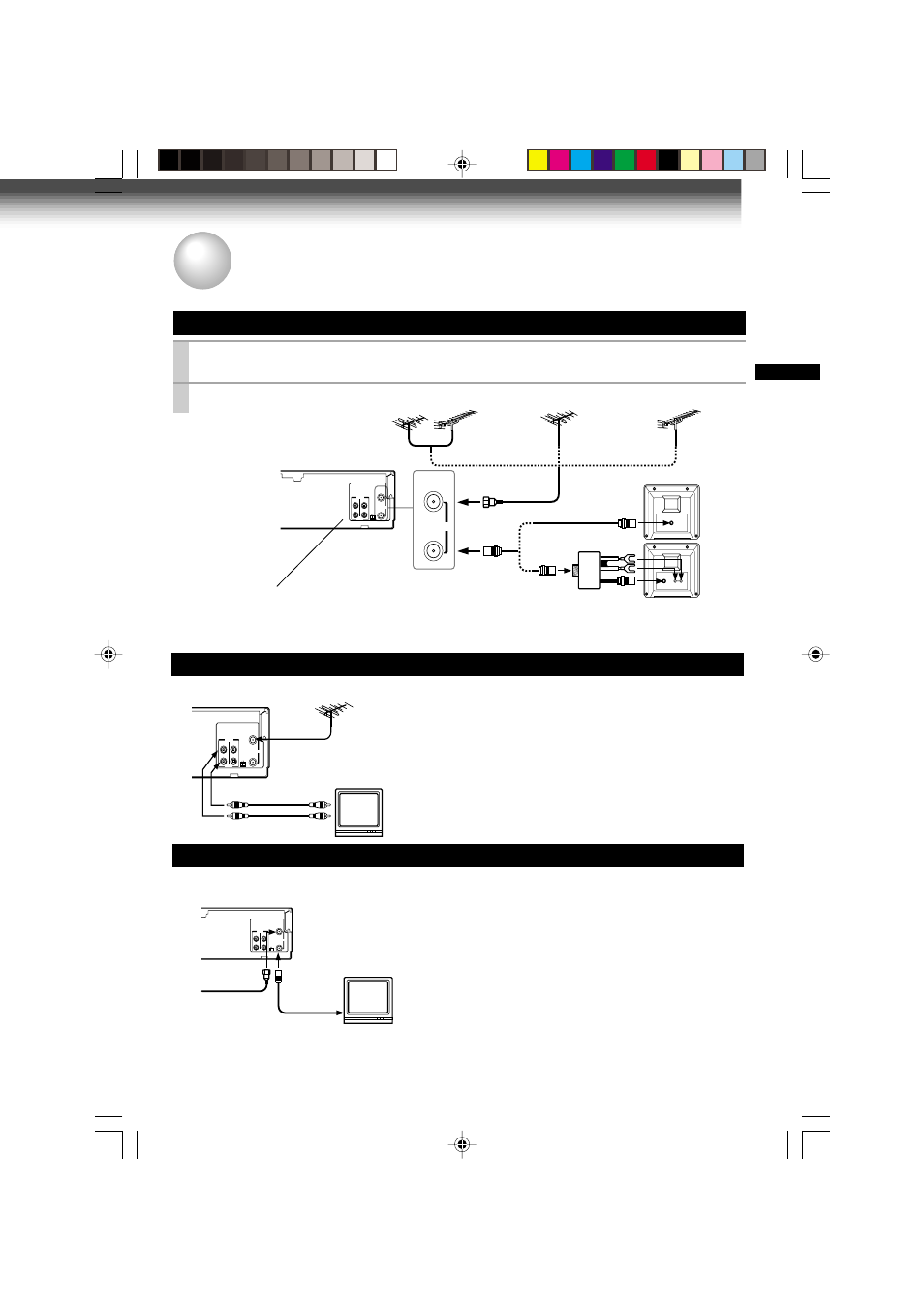 Connections, Antenna/vcr/tv connection, Audio/video connections | Cable connection, Connect the rf out terminal to the tv, You will need to, Tv/vcr | Toshiba W-412 User Manual | Page 11 / 32