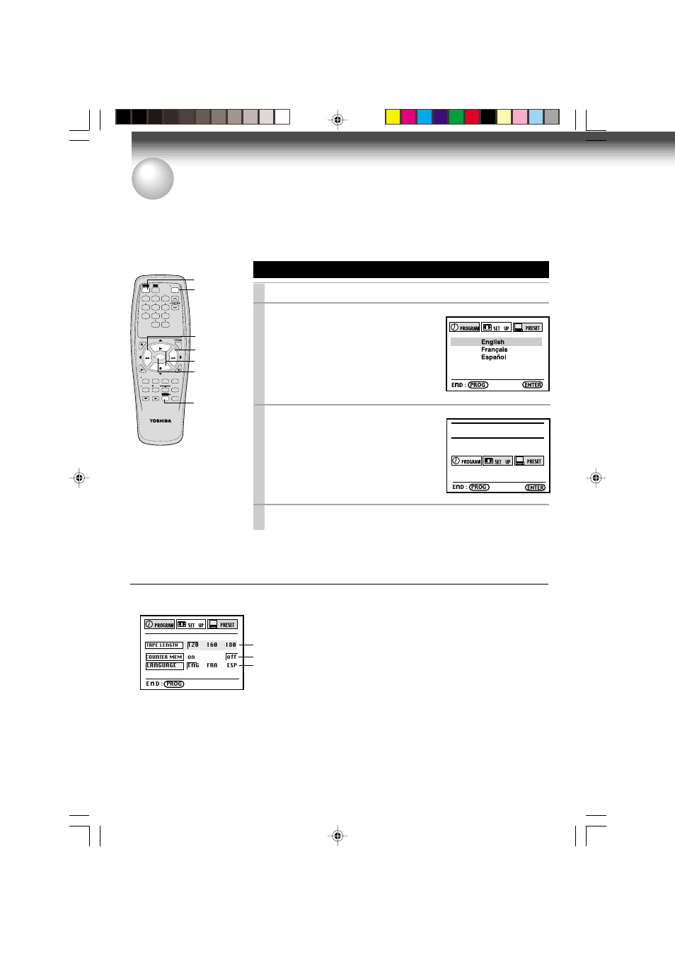 Initial settings using on-screen display, Setting the language, 14 optional settings on the set up screen | Press power to turn on the vcr, Press prog, Press prog. to return to the normal tv screen, Enter, Prog | Toshiba W-412 User Manual | Page 14 / 32