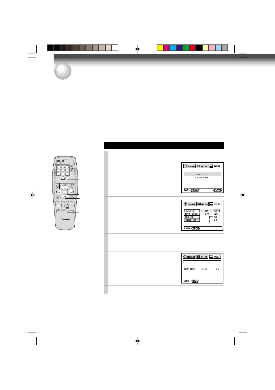 Storing channels on the vcr, Incoming antenna/cable(catv) signals, Press prog . to display the menu screen | Select “preset” using ff or rew , and press enter, Set “tv/catv“ to “tv” or “catv” using ff or rew, Press prog. twice to exit | Toshiba W-412 User Manual | Page 16 / 32