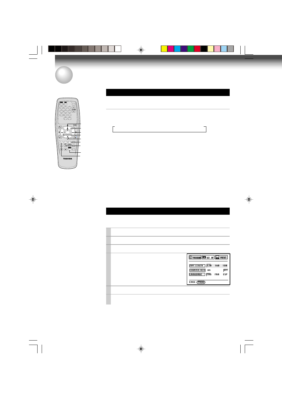 Useful functions in takpe operation, Useful functions in tape operation, Tape remaining time | Counter function, Turn on the vcr and load a cassette, Press prog. to display the menu screen, Select “set up” using ff or rew , and press enter, Select the length of the tape, using ff or rew, Press prog . to exit, Press remain/counter | Toshiba W-412 User Manual | Page 22 / 32