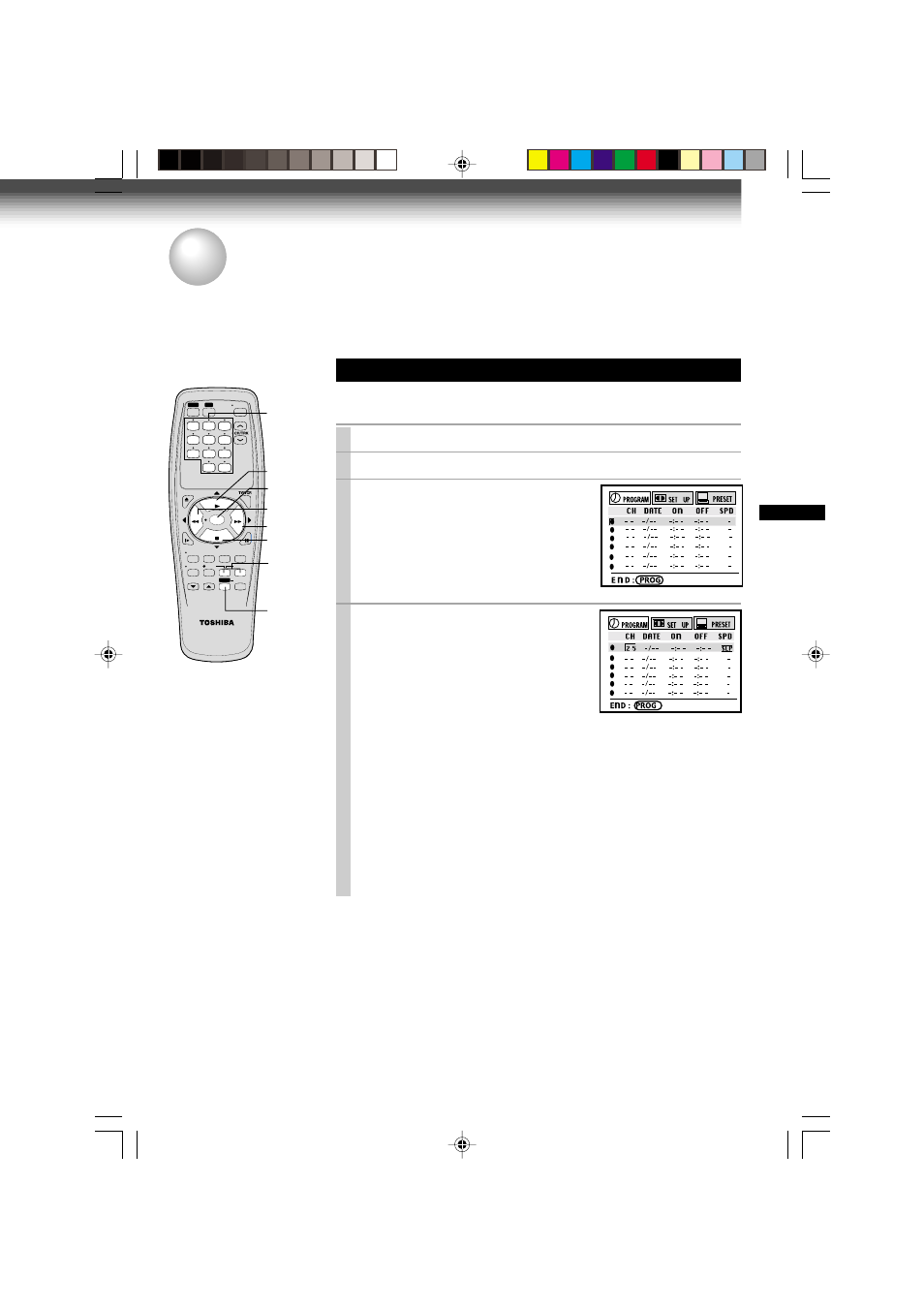 Timer program recording, Timer programming procedure, Load a cassette with the safety tab attached | Press prog . to display the menu screen, Select “program” using ff or rew , and press enter, I.select | Toshiba W-412 User Manual | Page 25 / 32